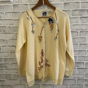 NWT! Women’s Storybook Knits cream colored embellished v-neck full zip sweater L